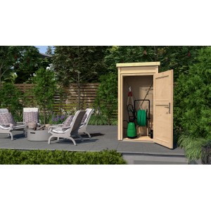 Casetta da giardino WEKA 367 in legno non trattato, 102x95cm, con porta aperta e attrezzi da giardino.