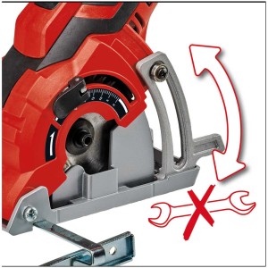 Mini sega circolare Einhell TC-CS 89: regolazione profondità senza attrezzi, cambio lama facile.