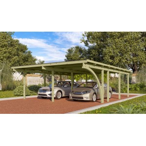 Karibu Doppelcarport Eco aus Holz mit zwei geparkten Autos. Carport mit PVC Dachplatten.