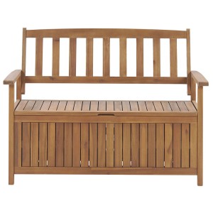 Banc de jardin Beliani Sovana en acacia marron clair avec espace de rangement sous l'assise.