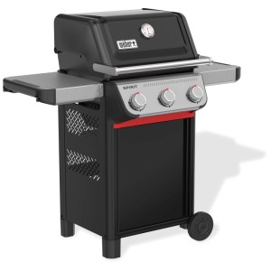 Weber Spirit E-315 Gasgrill, schwarz, mit drei Brennern, Seitentischen und Thermometer.
