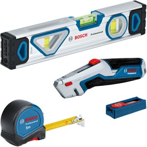 Set d'outils Bosch Professional 13 pièces : niveau à bulle, cutter, mètre ruban et lames.