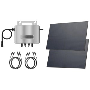 Ecoflow Stream Balkonkraftwerk mit 2 Solarmodulen, Wechselrichter und Anschlusskabeln.
