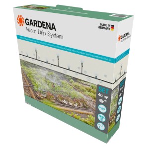 Confezione del set di irrigazione a goccia Gardena per orto/aiuola (40 m²) con esempio di applicazione.