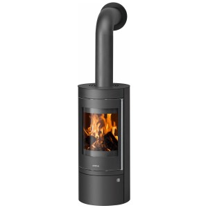 Poêle à bois noir Justus Mino 2.0 en acier avec feu et vitre panoramique, 5 kW.