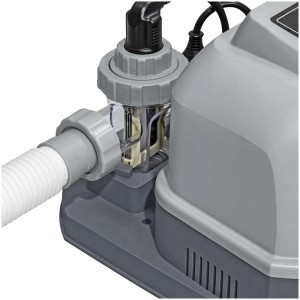 Gros plan du chlorinateur au sel Bestway Hydrogenic, boîtier gris avec connexions.
