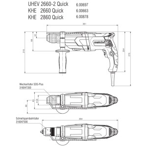 Metabo Multihammer UHE 2660-2 Quick: Technische Zeichnung mit Maßen, zeigt SDS-Plus und Schnellspannbohrfutter.