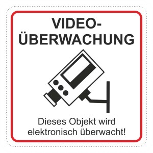 Autocollant vidéosurveillance 7x7 cm avec icône caméra et texte.