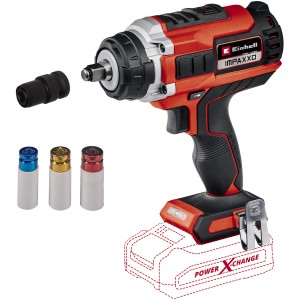 Avvitatore a impulsi a batteria Einhell Power X-Change Impaxxo 18/400 con set di bussole e adattatore per bit, batteria non inclusa.