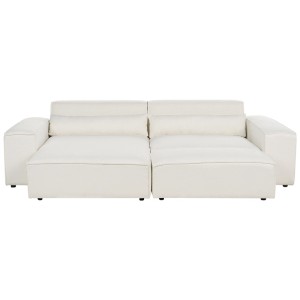 Canapé d'angle Beliani Hellnar blanc crème avec revêtement bouclé, ottoman et coussins.