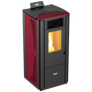 Poêle à granulés Ecofox Andromeda Bordeaux (9,7 kW) avec vitre et flamme.