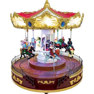 Carrousel de Noël illuminé avec figurines colorées. Décoration festive en plastique pour table et fenêtre.