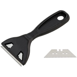 Grattoir à vitre LUX avec manche noir et lame de rechange. Spatule pour enlever les résidus.