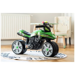 Moto Falk Bud Racing verde per bambini, robusta con pneumatici larghi. Ideale per gioco e divertimento all'aperto.