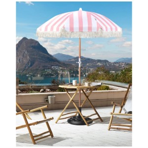 Beliani Sonnenschirm Mondello, rosa-weiß gestreift, Ø 150 cm, mit Fransen. Ideal für Garten und Terrasse.
