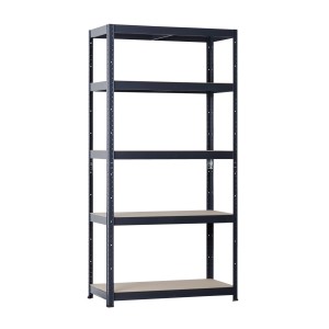 Scaffale metallico OBI per carichi pesanti con 5 ripiani in legno, grigio scuro, 180x90x40 cm. Sistema a incastro robusto.