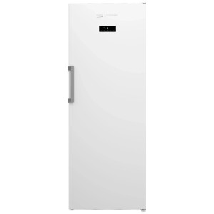 Congélateur armoire Beko RFNE448E45WCH blanc, 404L, avec affichage numérique et poignée argentée.