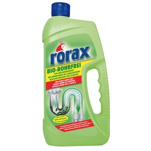 Flacone verde di Rorax Bio-Power-Gel disotturante 1 l per pulizia ecologica delle tubature.