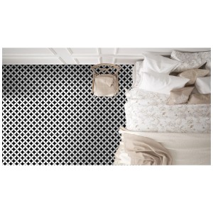 Piastrelle per pavimento Casablanca Circle, smaltate, opache, 20x20 cm, posate in camera da letto con letto e sedia.