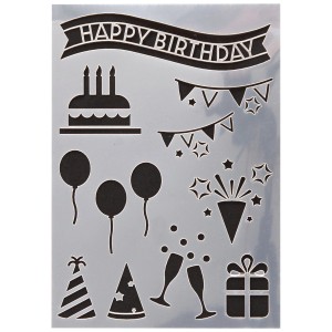 I Am Creative stencil Happy Birthday A5 con torta, palloncini, regalo e motivi per feste.