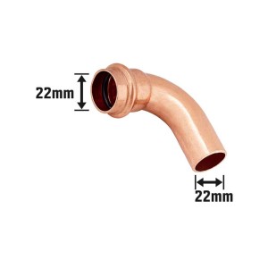 Raccordo a pressare in rame, curva a 90 gradi, diametro 22 mm per impianti con tubi in rame.