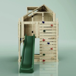 Maisonnette sur pilotis PolarPlay Meteorit avec toboggan vert et mur d'escalade en bois.