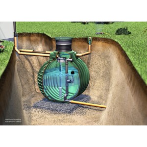 Citerne de rétention Garantia Columbus Plus 3700 L avec puits et couvercle, installée dans le sol.