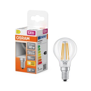 Osram LED-Leuchtmittel E14 Tropfenform, 3,4W, warmweiß, klar. LED Lampe mit E14 Sockel.