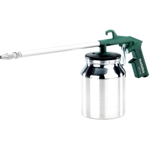 Pistola a spruzzo Metabo SPP 1000 per compressori con tazza a ventosa e manico verde.