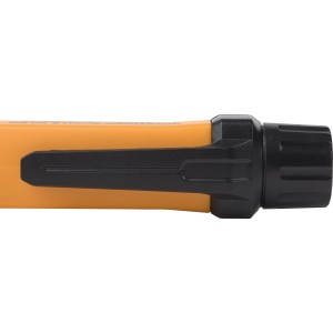 Gros plan : Testeur de tension sans contact jaune (12-1000 V) avec clip et lampe de poche LED.