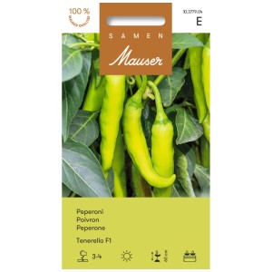 Sachet de graines de Peperoni Tenerello F1 avec des gousses vertes et douces sur l'image.
