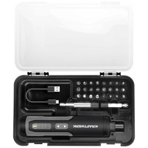 Set avvitatore a batteria Kraftwerk con inserti, cavo USB-C e custodia.