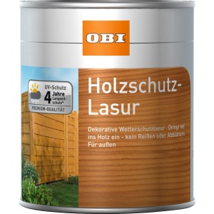 Pot de lasure de protection du bois OBI Teck, protection contre les intempéries pour bois extérieur.