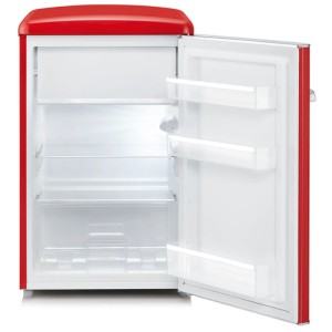 Offener, roter Severin Tischkühlschrank RKS 8830 mit Glasablagen. Retro Design.