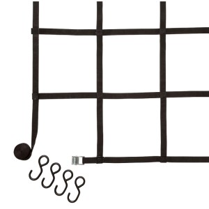 Filet de sangle noir Conacord 150x150cm avec 4 crochets en S, idéal pour sécuriser le chargement.