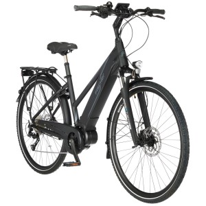 Vélo électrique de trekking Fischer Viator 4.1i pour femme noir avec cadre trapèze et porte-bagages.