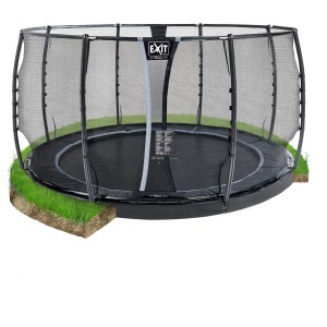 Trampolino interrato rotondo EXIT Dynamic nero (Ø 427 cm) con rete di sicurezza.