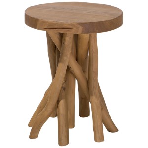 Table d'appoint Beliani Merritt en teck, marron, avec plateau rond et design de pieds unique.