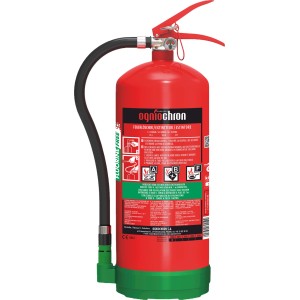 Extincteur à mousse Ogniochron 6 l rouge avec base verte, manomètre et tuyau noir. Protection incendie ABF/FF.