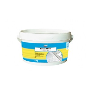 Secchio di Knauf Styroporkleber, 4 kg, per materiali isolanti come schiuma rigida e pannelli in fibra morbida.