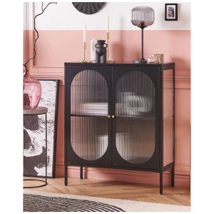 Vitrine noire Beliani Sarre en acier avec portes en verre, 111x90x35 cm. Vitrine moderne pour salon.