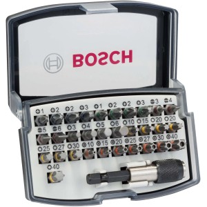 Jeu d'embouts de vissage Bosch, 32 pièces dans un étui transparent. Jeu d'embouts de différentes tailles et formes.