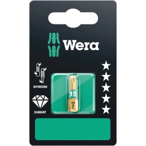 Wera Bit TX15, 25 mm, rivestito in diamante con zona Bi-Torsion per una presa sicura nelle viti.