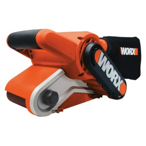 Ponceuse à bande Worx WX661.1 avec sac à poussière, orange/noir. Ponceuse pour bois et autres matériaux.