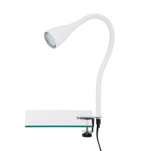 Lampe à pince LED blanche Briloner Elasti 3W fixée à une table.