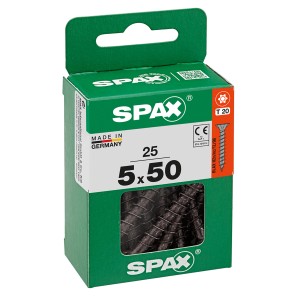 Confezione di viti universali Spax 5x50 mm, zincate, nere, 25 pezzi per truciolato e applicazioni universali.