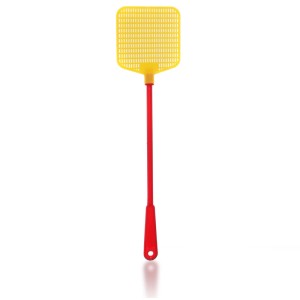 Tapette à mouches Finito en plastique, rouge-jaune. Lutte efficace contre les insectes avec tête perforée et œillet.
