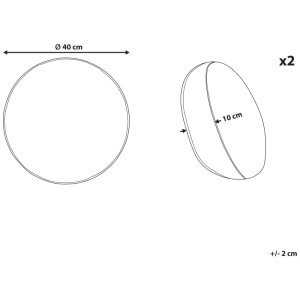 Schematische Darstellung von zwei runden Beliani Gartenkissen. Durchmesser 40 cm, Dicke 10 cm.