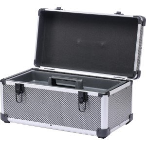Boîte à outils ouverte LUX en aluminium argent/noir avec insert de transport.
