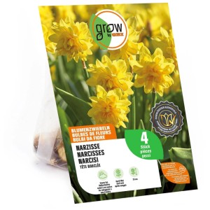 GROW by OBI Narzisse Tête bouclée, 4 gelbe Blumenzwiebeln. Paket mit Abbildung von leuchtend gelben, gefüllten Narzissenblüten.